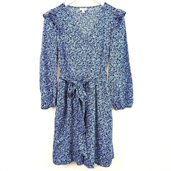 J. Crew Factory Blue Floral Ruffle Shoulder Puff Sleeve V Neck Mini Dress - Picture 6 of 16